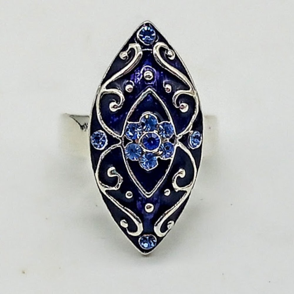 Blue Crystal & Enamel Silver Fashion Ring